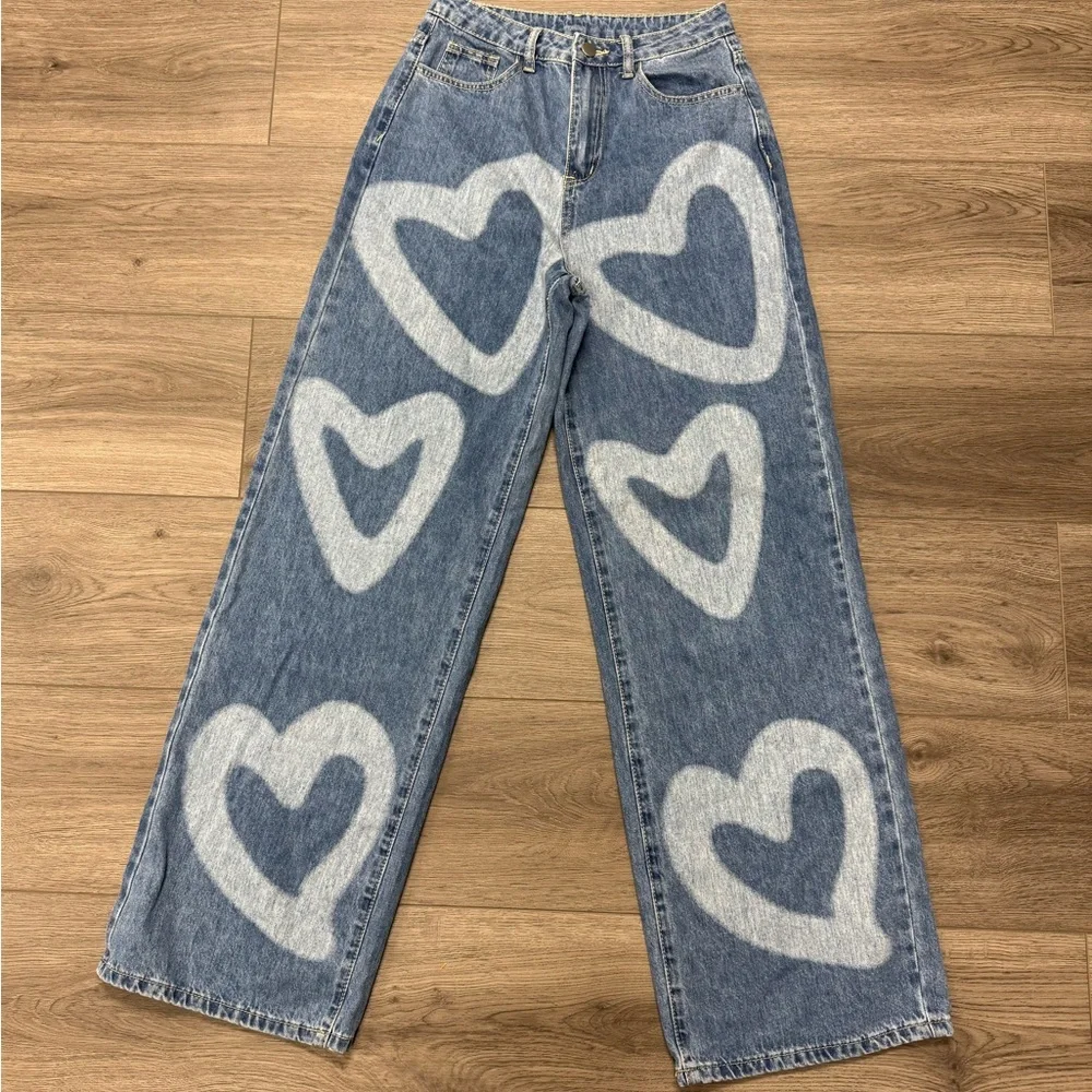 High Waist Wide Leg Graffiti Heart Denim Jeans Size 2 Streetwear Casual